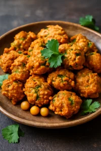 Friss, ropogós pakora, csicseriborsóval és korianderrel tálalva