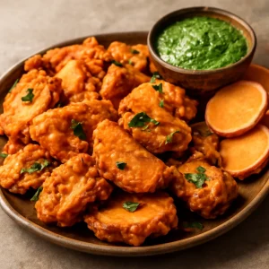 Ropogós pakora édesburgonyával, chutneyval tálalva