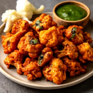 Ropogós pakora karfiollal, chutneyval tálalva