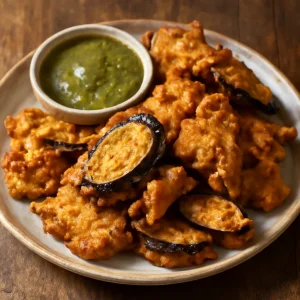 Ropogós pakora padlizsánnal, chutneyval tálalva