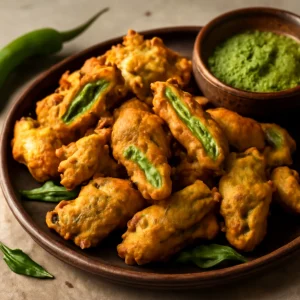 Ropogós pakora zöldpaprikával, chutneyval tálalva