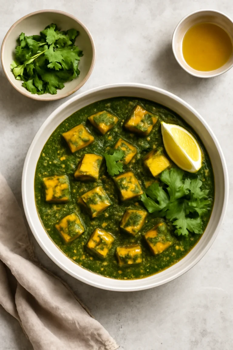 Palak paneer citromlével, friss korianderrel tálalva