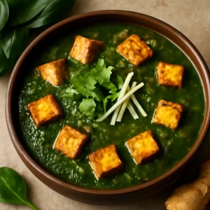 Indiai palak paneer, gyömbérrel és paneer kockákkal