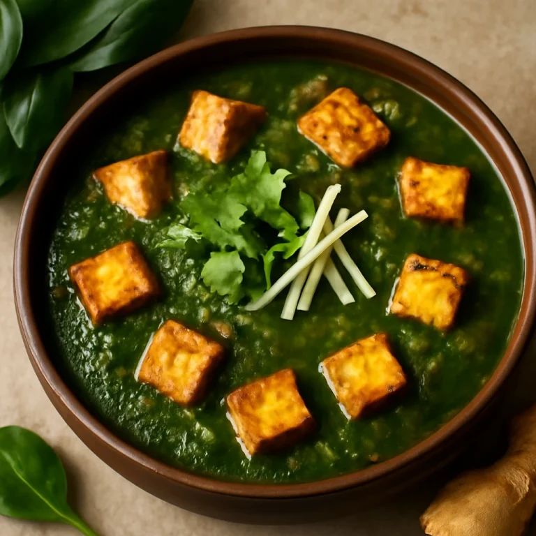 Palak paneer gyömbérrel tálalva, friss spenóttal és fűszeres paneer kockákkal