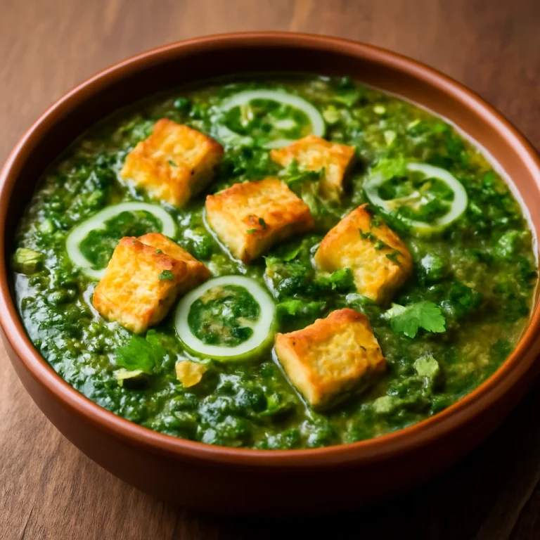 Palak paneer hagymával, friss spenóttal, paneerrel és korianderrel
