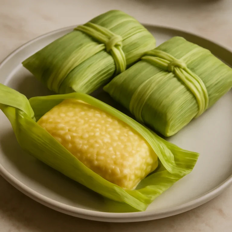 Pamonha com leite de coco friss banánlevéllel tálalva