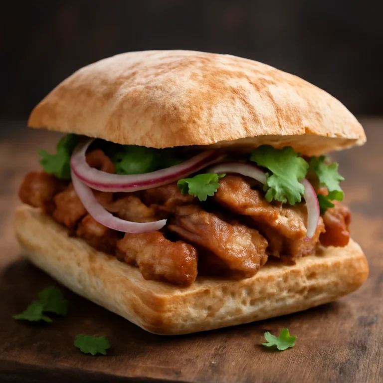 Pan con Chicharrón ciabattával, friss korianderrel és sült sertéshússal, autentikus perui étel