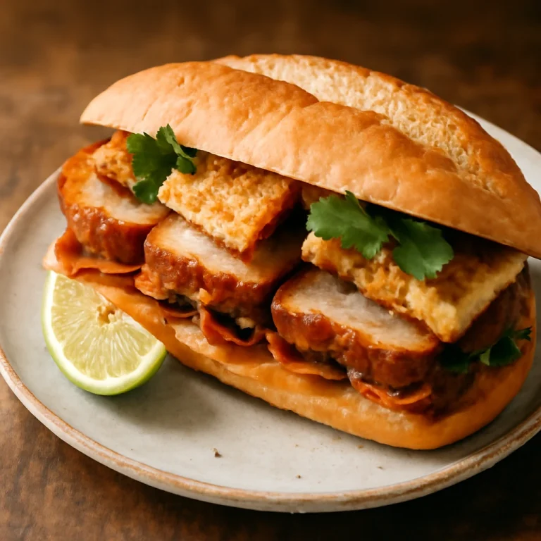 Pan con chicharrón ropogós kenyérrel, sertéshússal és korianderrel