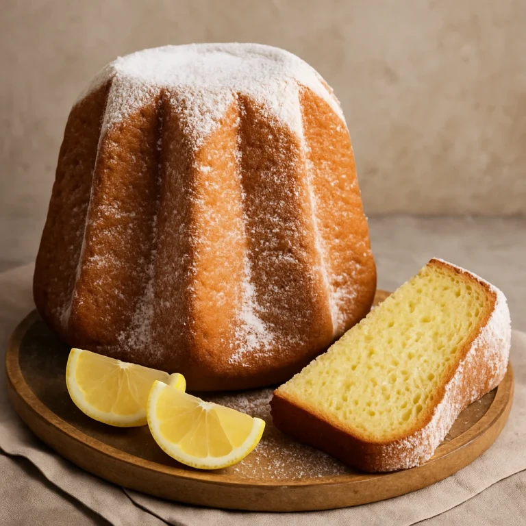 Citromos pandoro kalács porcukorral meghintve, szeletelve tálalva