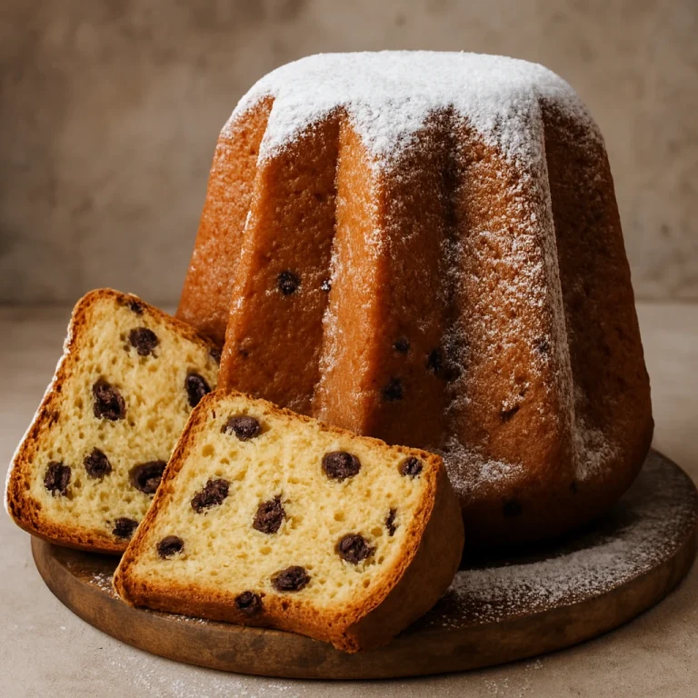 Csokoládéval készült pandoro kalács, tetején porcukorral megszórva
