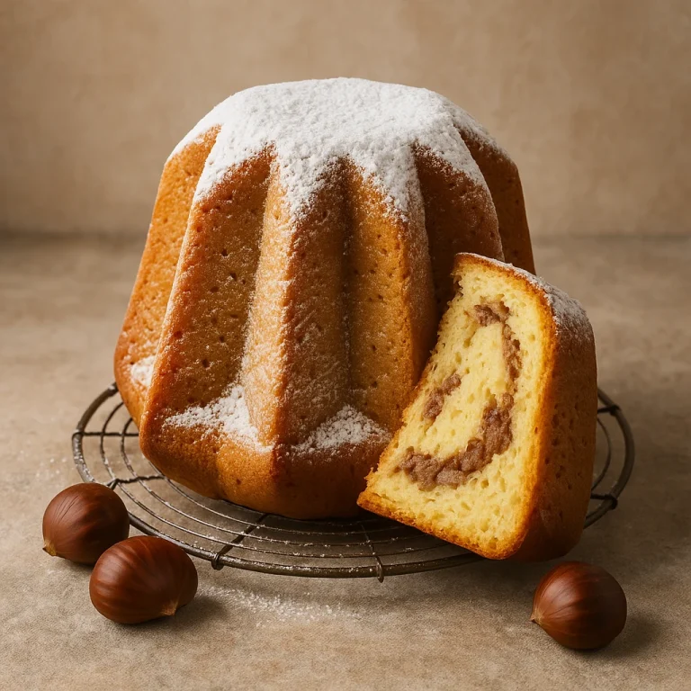 Frissen sült gesztenyés pandoro porcukorral meghintve, olasz ünnepi kalács