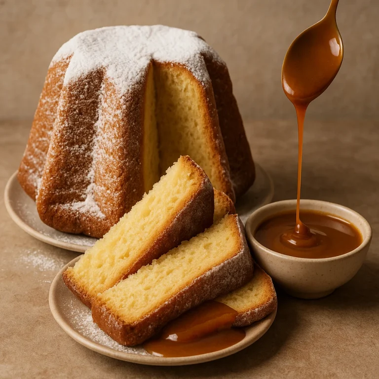 Pandoro szeletekkel és karamell öntettel tálalva, porcukorral megszórva