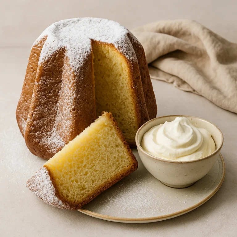 Frissen sült pandoro mascarpone krémmel tálalva, porcukorral megszórva