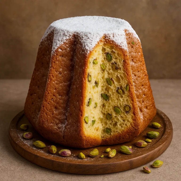 Pisztáciás pandoro kalács, aranybarna héjjal, porcukorral megszórva