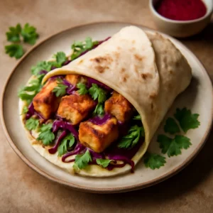 Friss, fűszeres paneer wrap, salátával és korianderrel