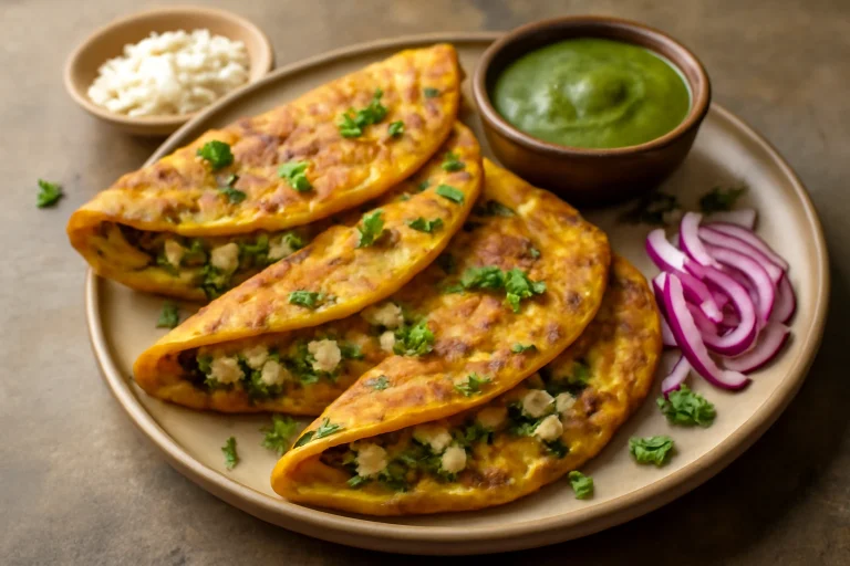 Paneer chilla, ropogós tésztával és friss zöldségekkel tálalva
