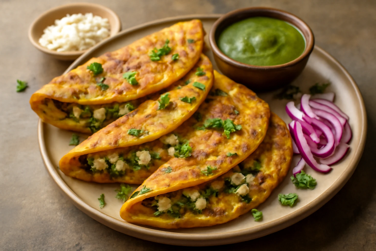 Ropogós paneer chilla friss korianderrel és zöldségekkel