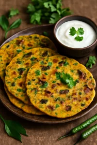 Gluténmentes paneer thepla, friss korianderrel és joghurttal