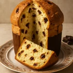 Panettone csokoládéval, tálalva egy szép tányéron