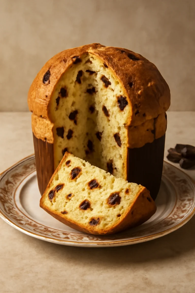 Panettone csokoládéval, tálalva egy szép tányéron