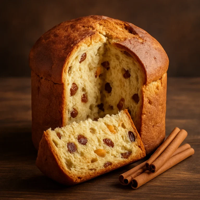 Frissen sült panettone fahéjjal, aranybarna héjjal és puha belsővel
