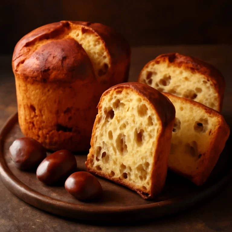 Panettone gesztenyével szeletek, aranybarna pörkölt felülettel
