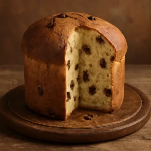 Friss, puha panettone mazsolával tálalva