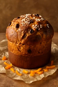 Olasz panettone, narancshéjjal és mandulával díszítve