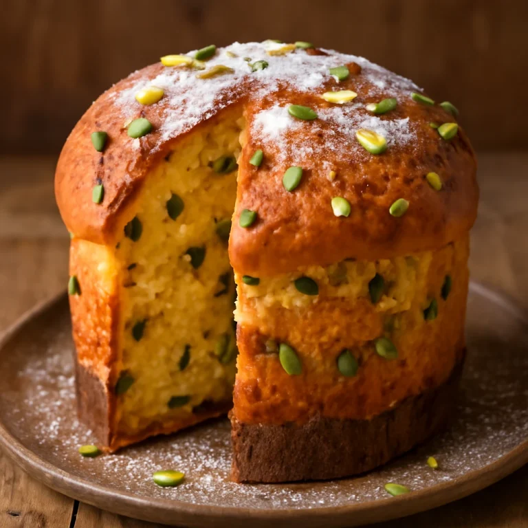 Panettone pisztáciával, frissen sülve és cukorral megszórva