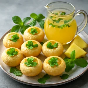 Frissen tálalt pani puri ananászos vízzel, friss zöld fűszerekkel