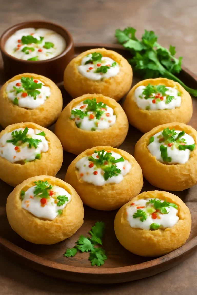 Pani puri joghurtos töltelékkel, friss korianderrel díszítve