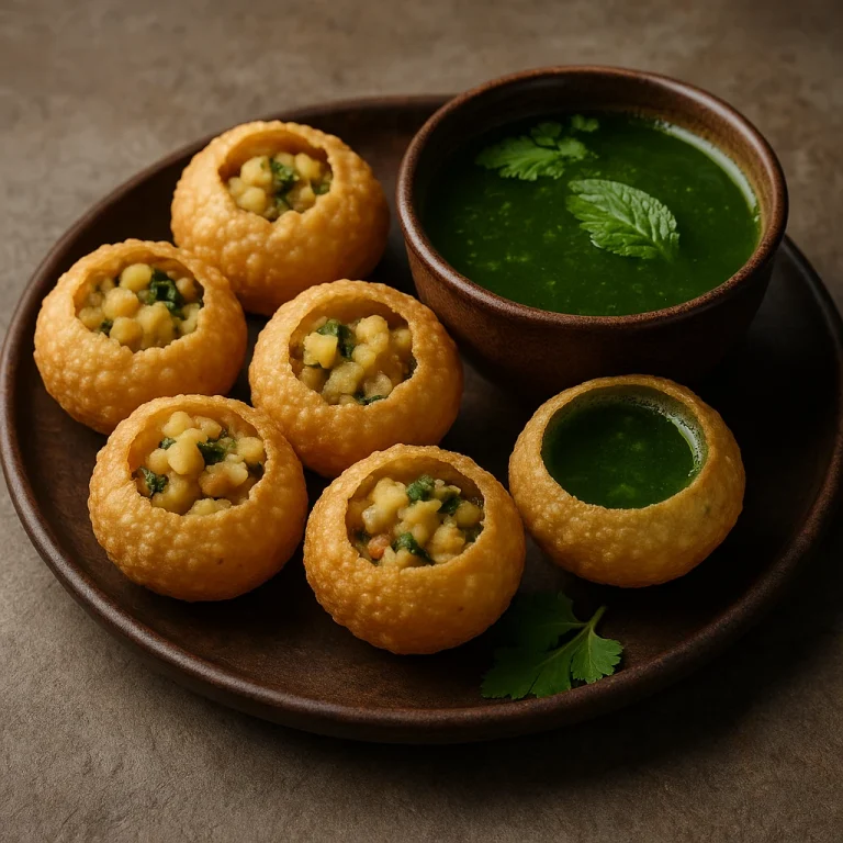 Pani puri friss mentás korianderes vízzel tálalva egy rusztikus tálon