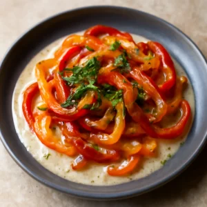 Friss, ínycsiklandó paprika fokhagymás szósszal tálalva
