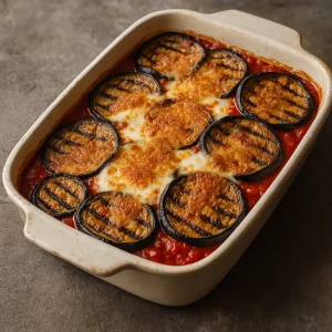 Klasszikus olasz parmigiana grillezett padlizsánnal, mozzarellával és parmezánnal
