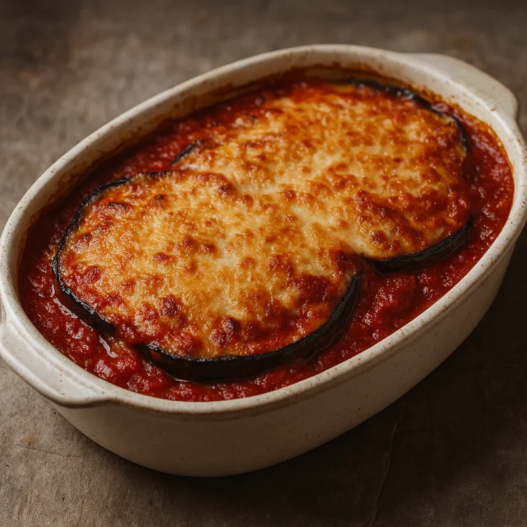 Parmigiana klasszikus padlizsánnal, paradicsomszószos, sajttal sült olasz rakott étel