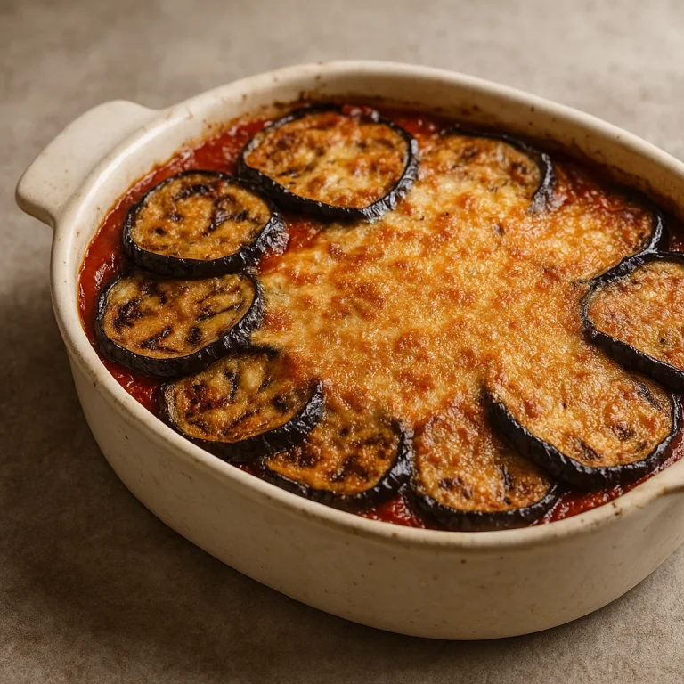 Parmigiana parmezán sajttal rétegezve, sült padlizsánnal és paradicsomszósszal tálalva