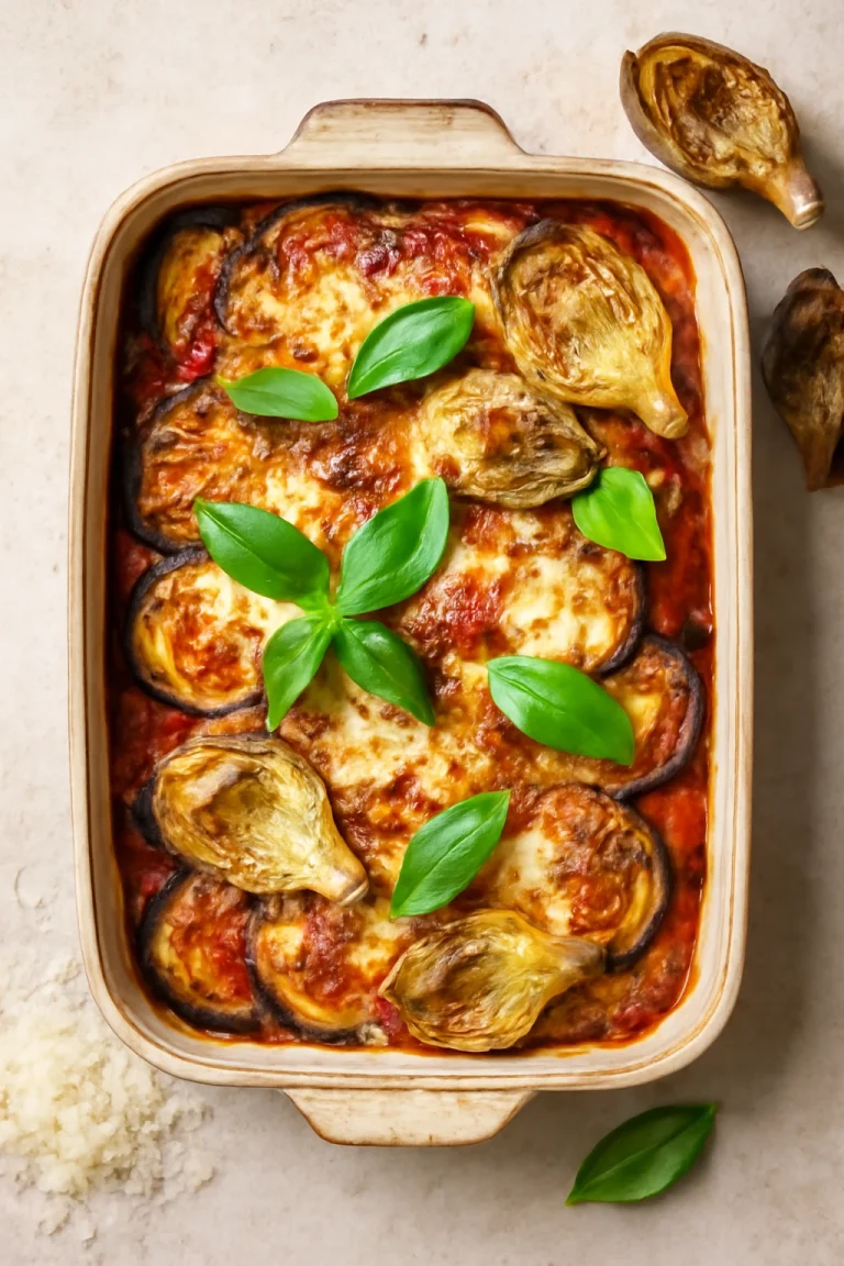 Parmigiana sült articsókával, rétegezve padlizsánnal, articsókával és parmezán sajttal
