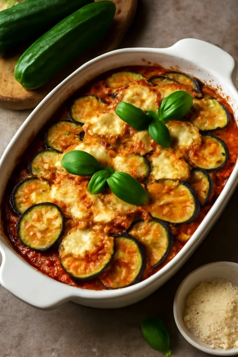 Parmigiana sült cukkínivel, mozzarella sajttal és bazsalikommal díszítve