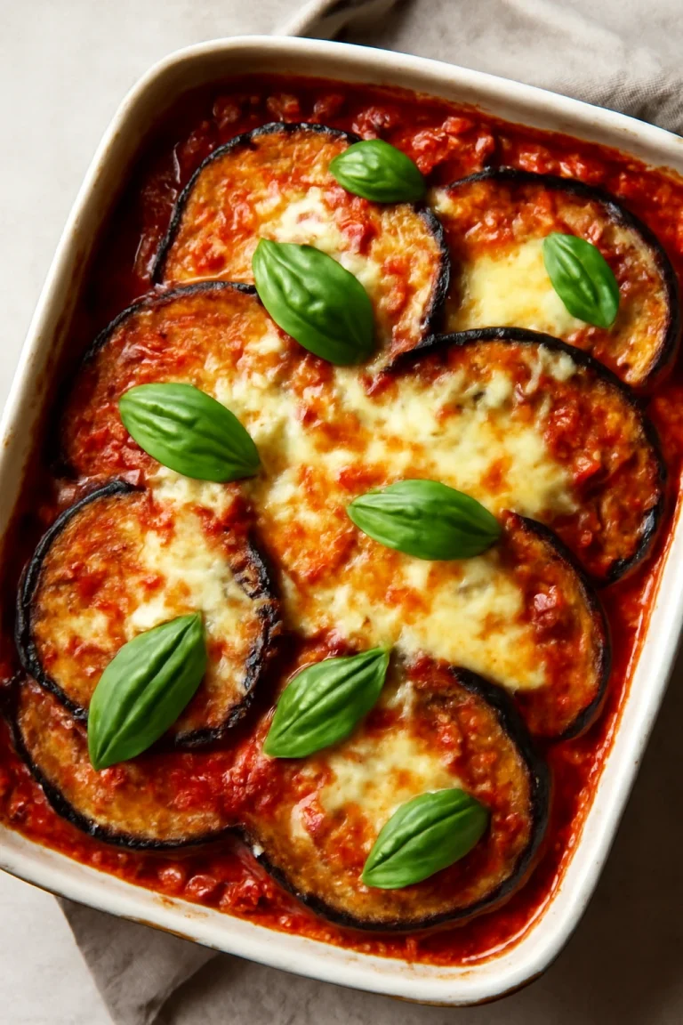 Parmigiana sült padlizsánnal, paradicsomos szósszal, mozzarella sajttal és friss bazsalikommal