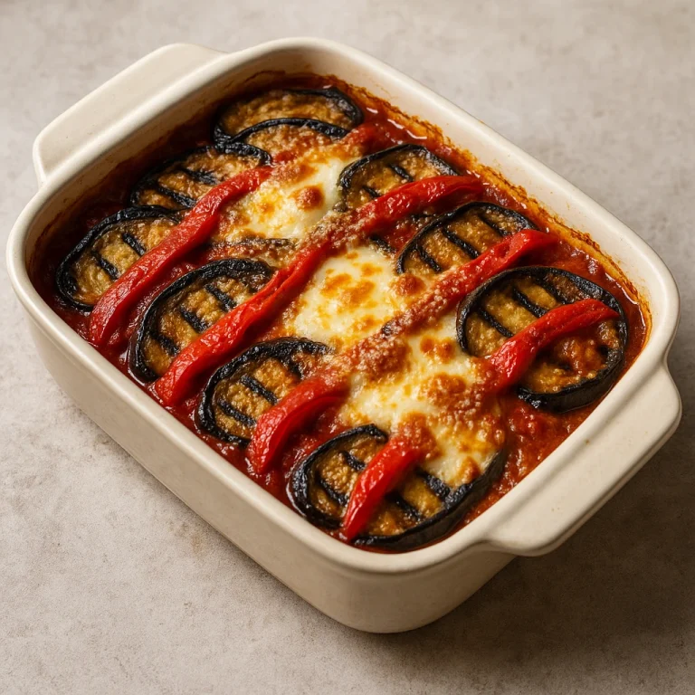 Parmigiana sült paprikával, rétegezve padlizsánnal és paradicsomszósszal, sajttal sütve
