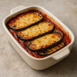 Rakott padlizsán vegán sajttal és paradicsomszószban sütve