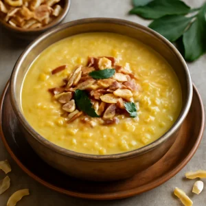 Indiai payasam, gazdag kókusztejjel, pálmacukorral és pirított mandulával