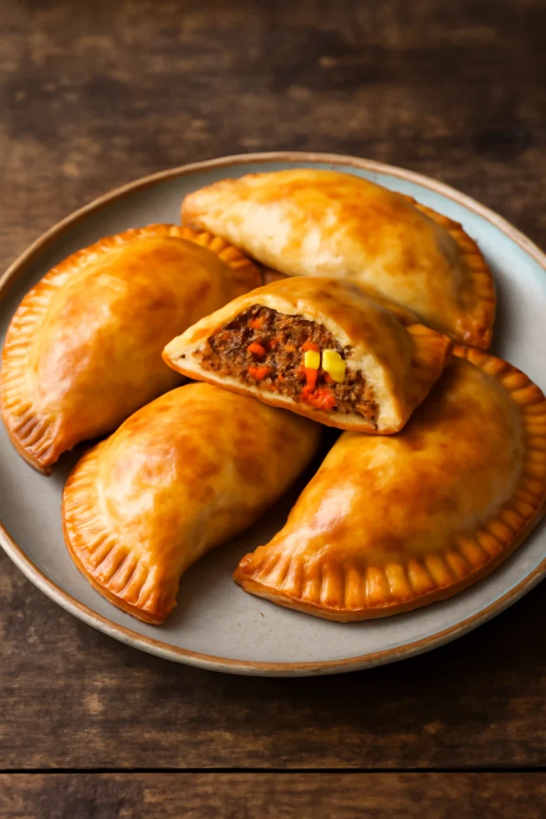 Pastel Tutup kolbásszal és tojással, aranybarna tésztában, frissen tálalva