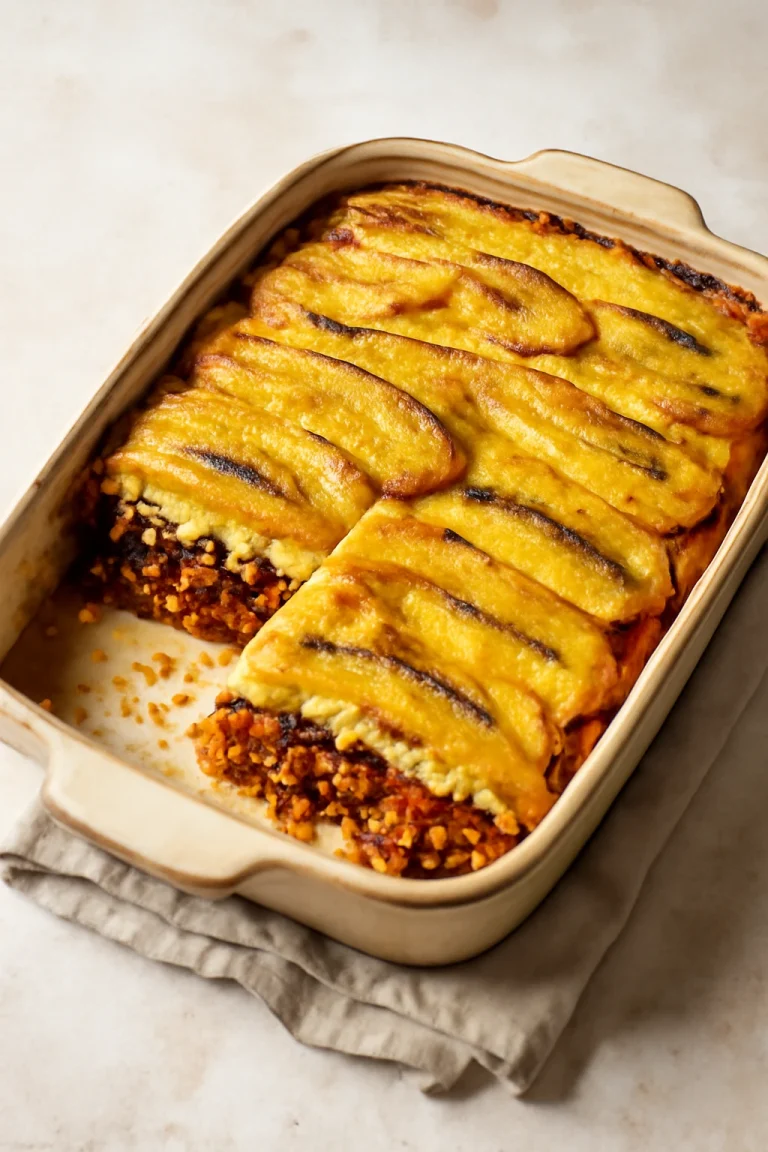 Pastelón édes banánnal tálalva