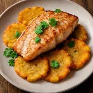 Patacón sült hallal, ropogós plantain és hal szeletek friss korianderrel
