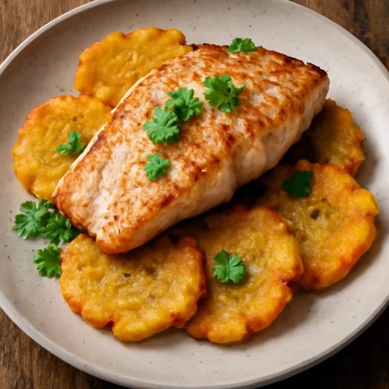 Patacón sült hallal, ropogós plantain és szaftos hal szeletek friss korianderrel díszítve