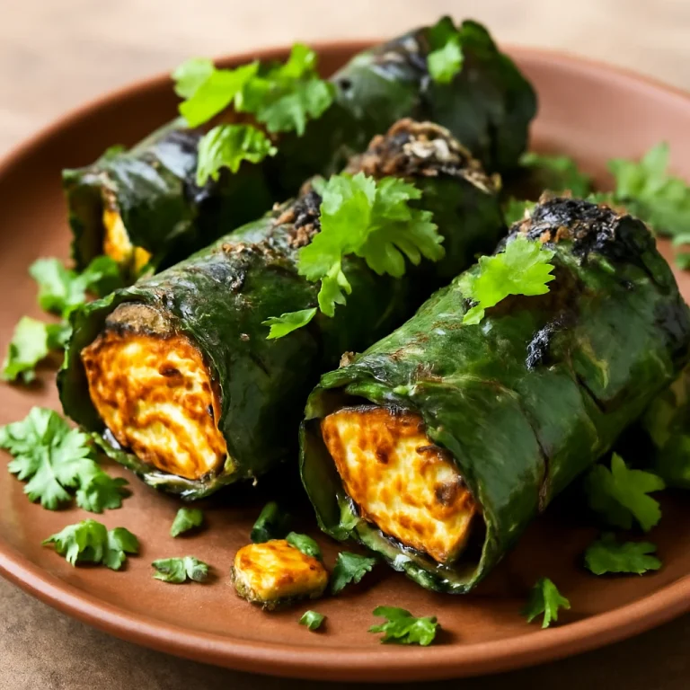Patra levelek paneer töltelékkel, fűszeres indiai étel, friss korianderrel díszítve