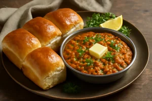 Indiai pav bhaji tálalva friss korianderrel és fűszeres vajjal