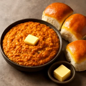 Indiai pav bhaji, gazdag édesburgonyás szósz vajjal tálalva