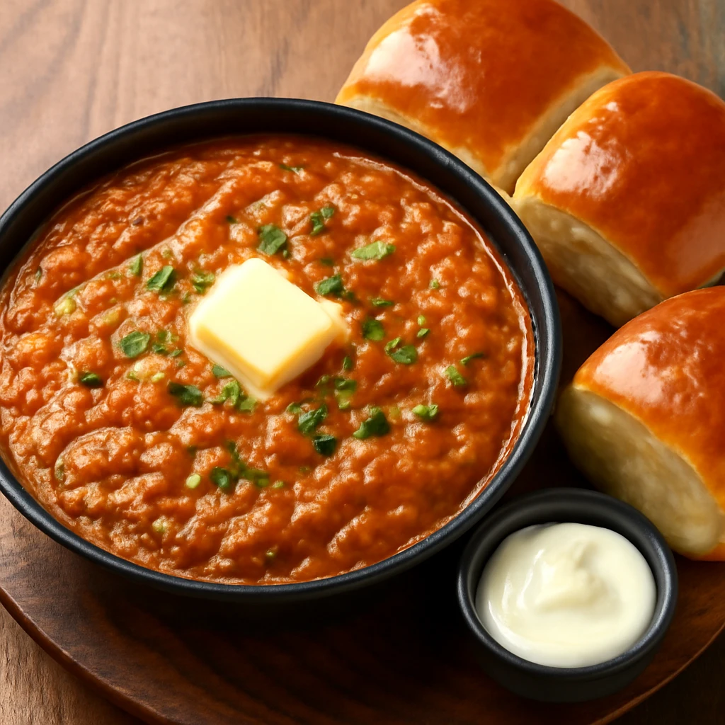 Fűszeres Pav Bhaji extra vajjal és tejföllel tálalva